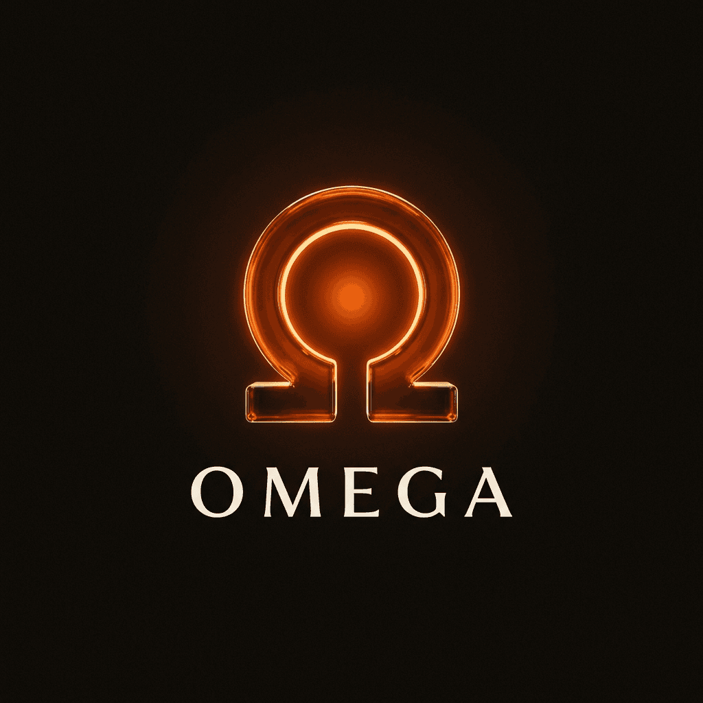 The redesigned Omega brand mark, a molten glass omega glowing on warm charcoal