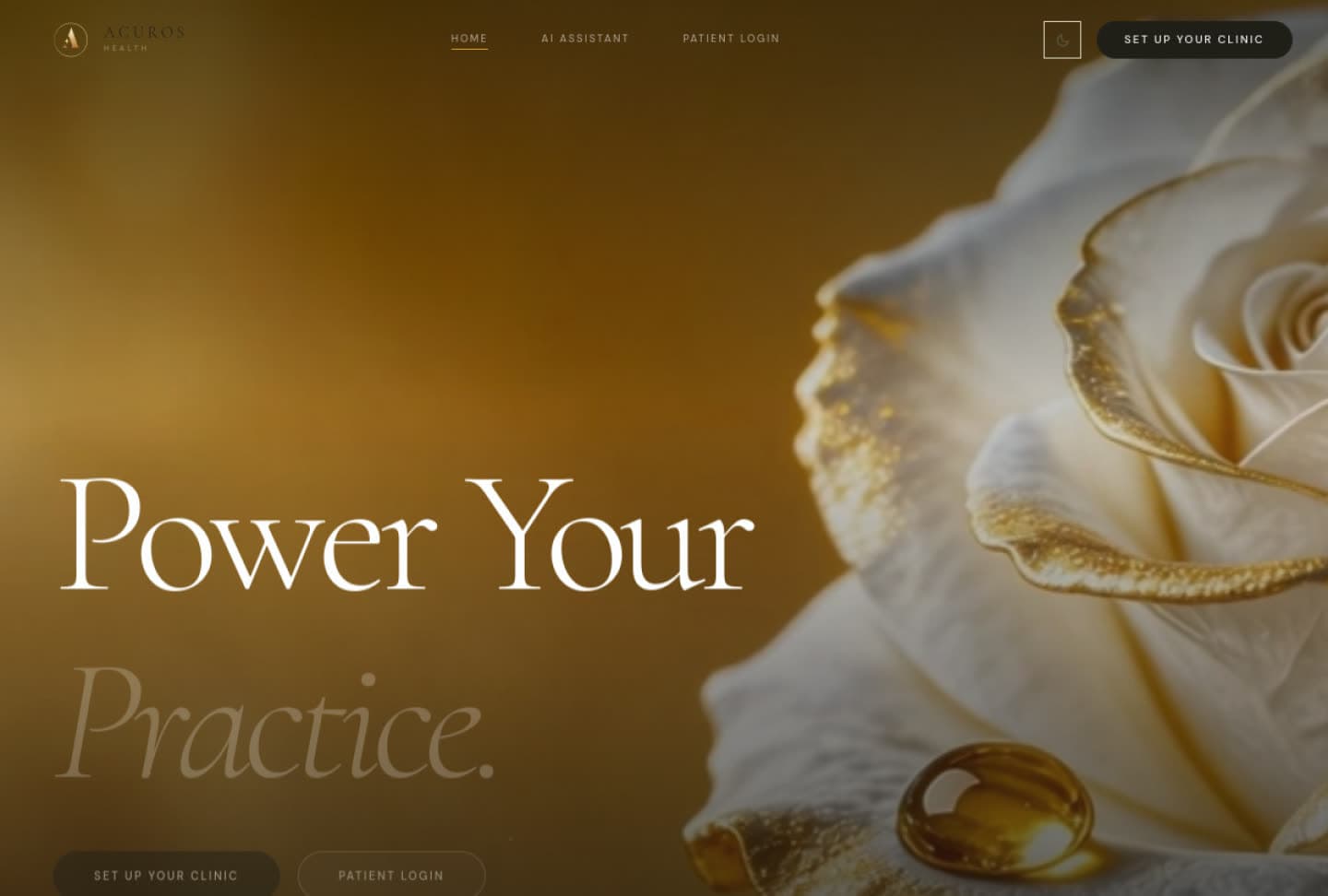 Acuros Health homepage with a serif headline reading Power Your Practice