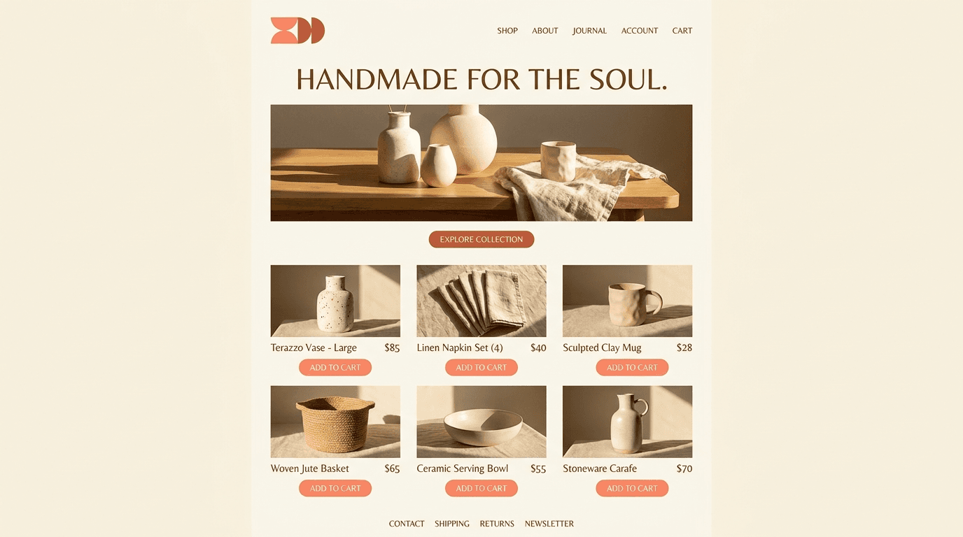 Homepage of an artisan homeware store with a warm cream palette and product grid