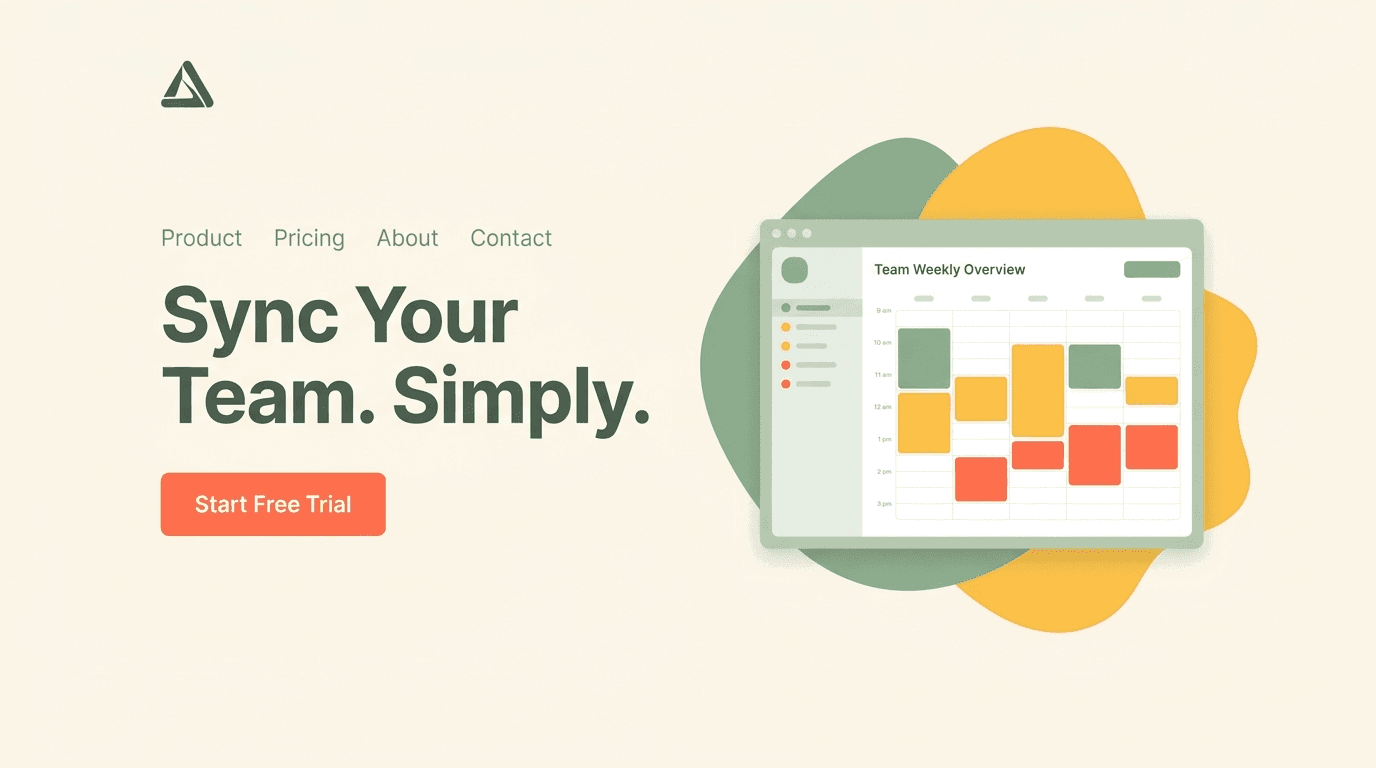 SaaS landing page with a coral call to action and playful illustration shapes